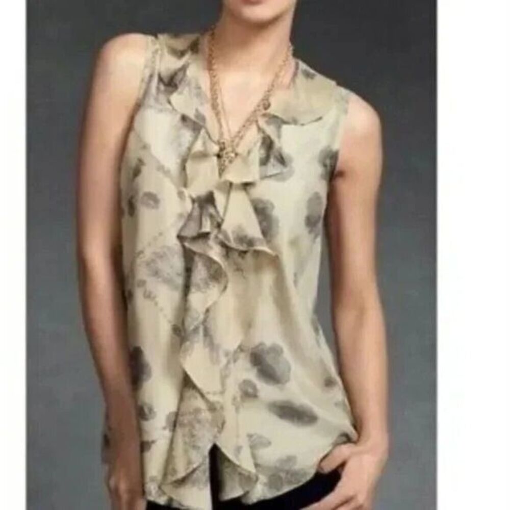CAbi Style 149 Tranquil Floral Ruffle Button Down 100% Silk Sleeveless Tank S